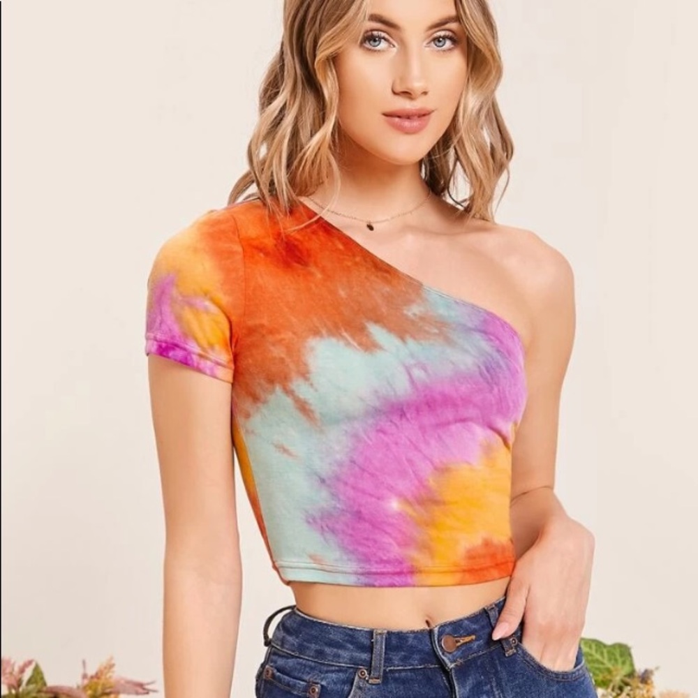 Tie Dye Wash One Shoulder Crop Top large - Picture 3 of 6